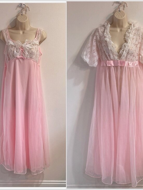 Vtg 50s 60s Nightgown Robe Set M Slip Chiffon Lace Satin Peignor Pink Lingerie - Picture 1 of 13